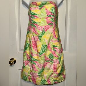 Lilly Pulitzer 4 Franco Dress Poplin Multi Wing Ding Patch Strapless Tie Back